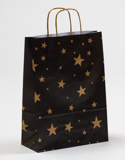 Papiertasche mit gedrehtem Papiergriff Weihnachtssterne Schwarz 24 x 31 + 10cm