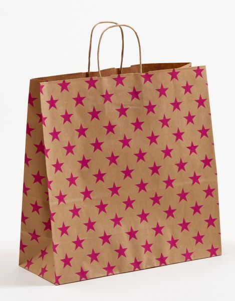 Papiertasche mit gedrehtem Papiergriff Sterne Pink 35 x 35 + 14cm