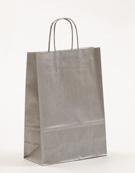 Papiertasche mit gedrehtem Papiergriff Metallic Silber 22 x 31 + 10cm