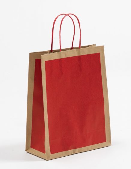 Papiertasche mit gedrehtem Papiergriff DUO Natur/Rot 22 x 27,5 + 10cm