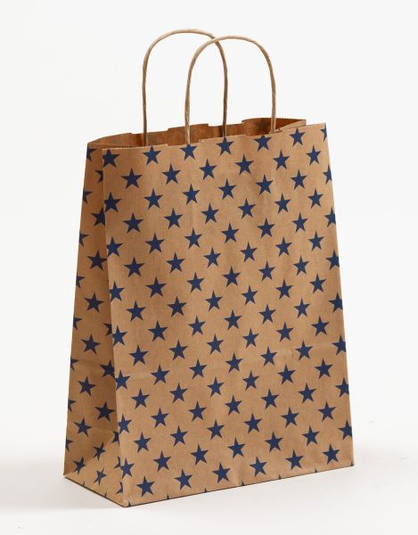 Papiertasche mit gedrehtem Papiergriff Sterne Blau 22 x 28 + 10cm