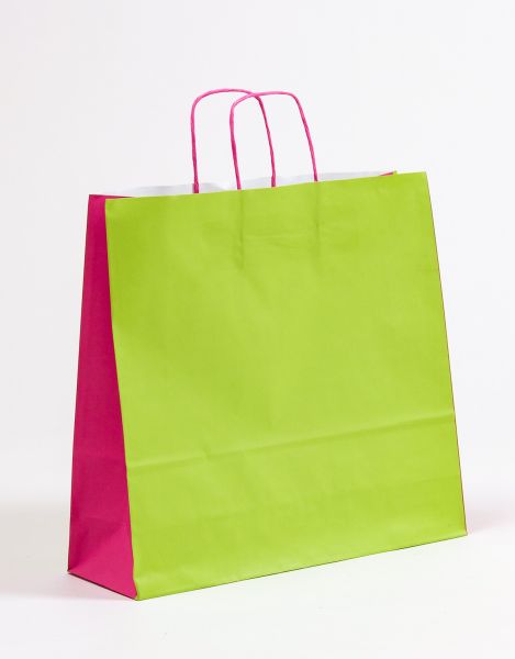 Papiertasche mit gedrehtem Papiergriff Uni DUO Grün/Pink 40 x 36 + 12cm