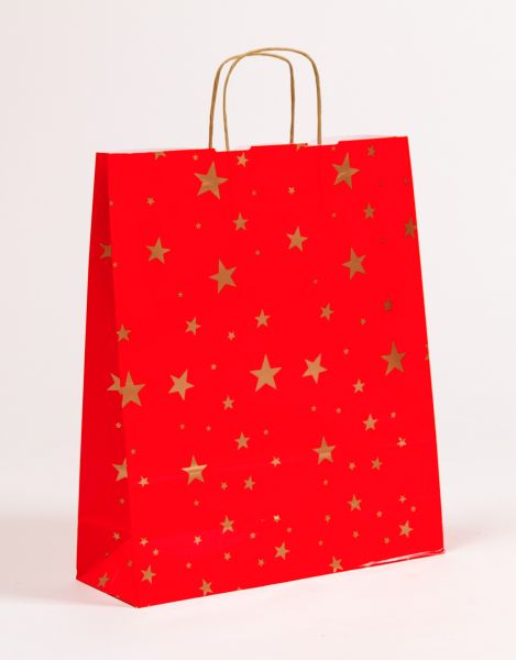 Papiertasche mit gedrehtem Papiergriff Weihnachtssterne Rot 36 x 41 + 12cm