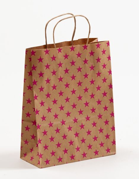 Papiertasche mit gedrehtem Papiergriff Sterne Pink 22 x 28 + 10cm