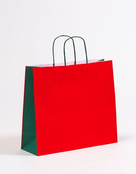 Papiertasche mit gedrehtem Papiergriff Uni DUO Grün/Rot 36 x 31 + 12cm